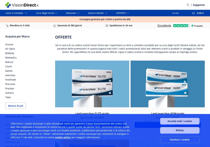 Schermata della pagina offerta di Vision Direct