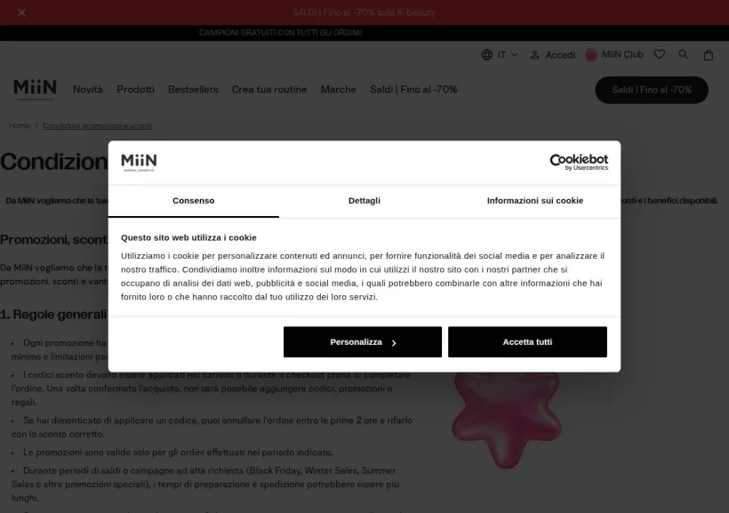 Schermata della pagina offerta di Miin Cosmetics