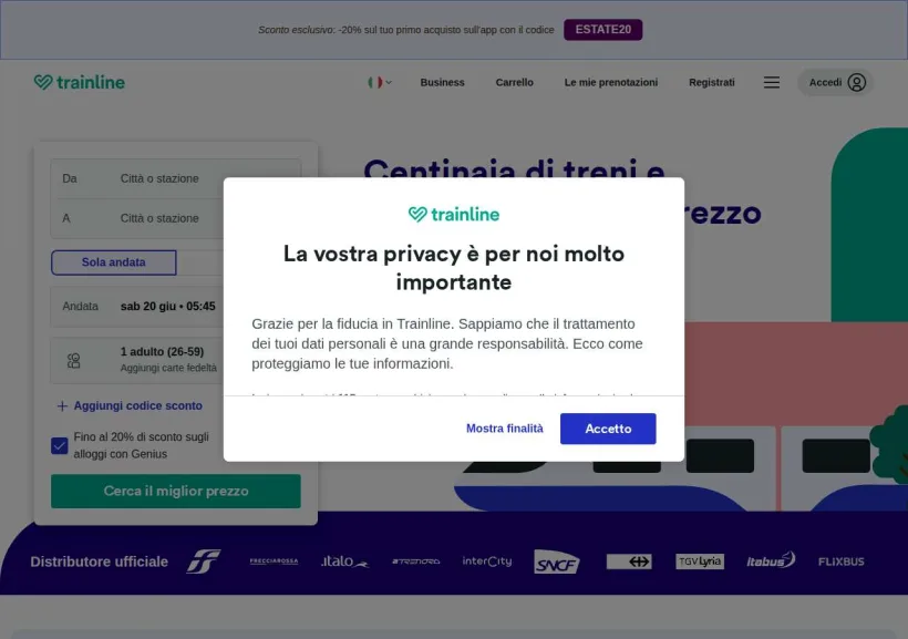 Schermata della pagina offerta di Trainline