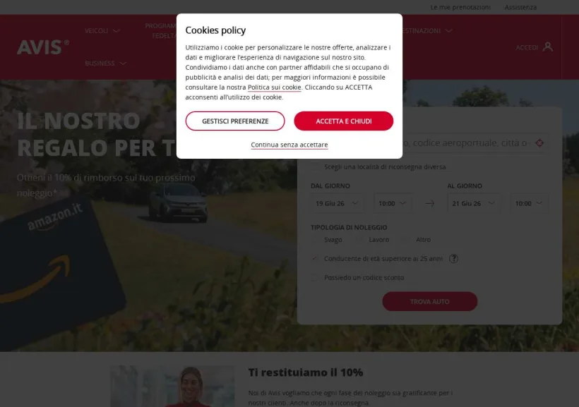 Schermata della pagina offerta di Avis