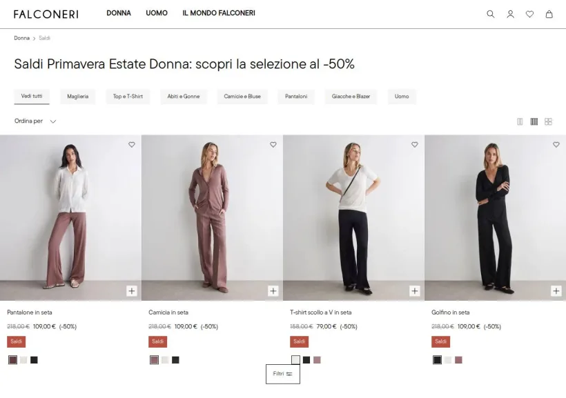 Schermata della pagina offerta di Falconeri
