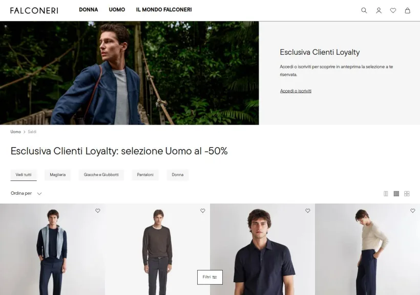 Schermata della pagina offerta di Falconeri