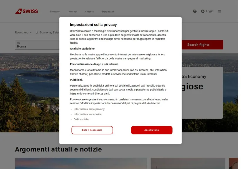 Schermata della pagina offerta di Swiss Air