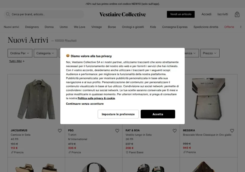Schermata della pagina offerta di Vestiaire Collective