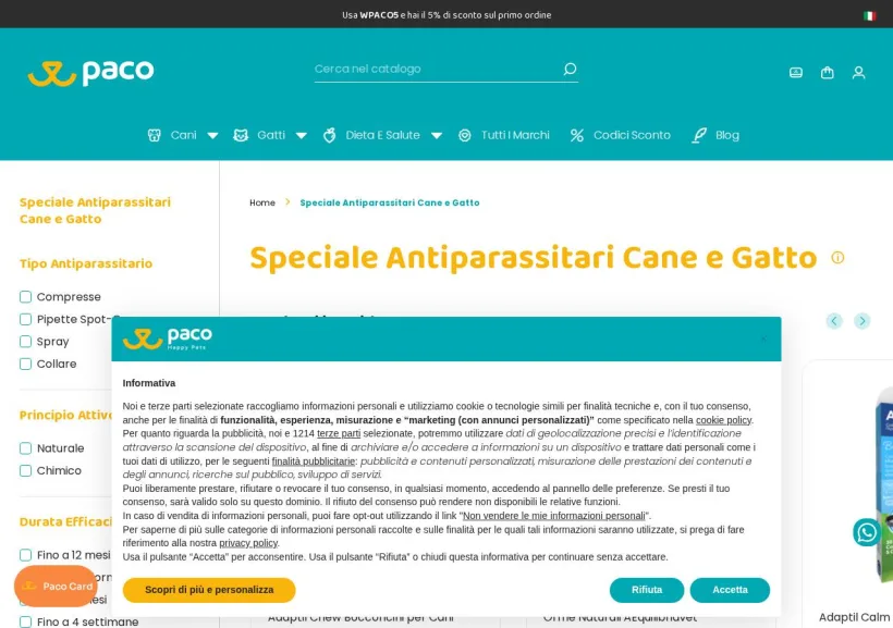 Schermata della pagina offerta di Paco Pet Shop