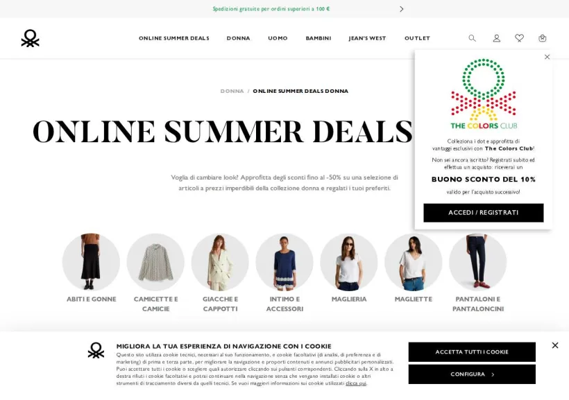 Schermata della pagina offerta di Benetton 