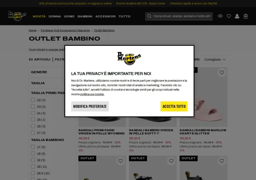 Schermata della pagina offerta di Dr Martens