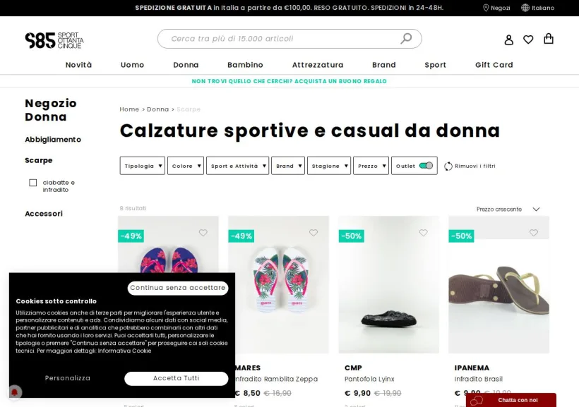 Schermata della pagina offerta di Sport85