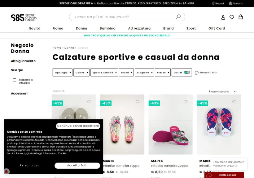 Schermata della pagina offerta di Sport85