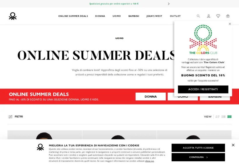 Schermata della pagina offerta di Benetton 