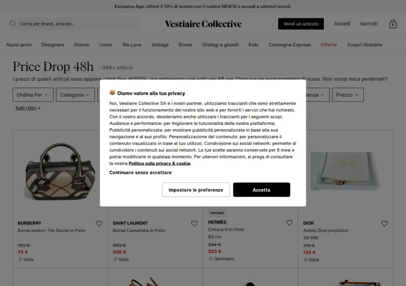 Schermata della pagina offerta di Vestiaire Collective