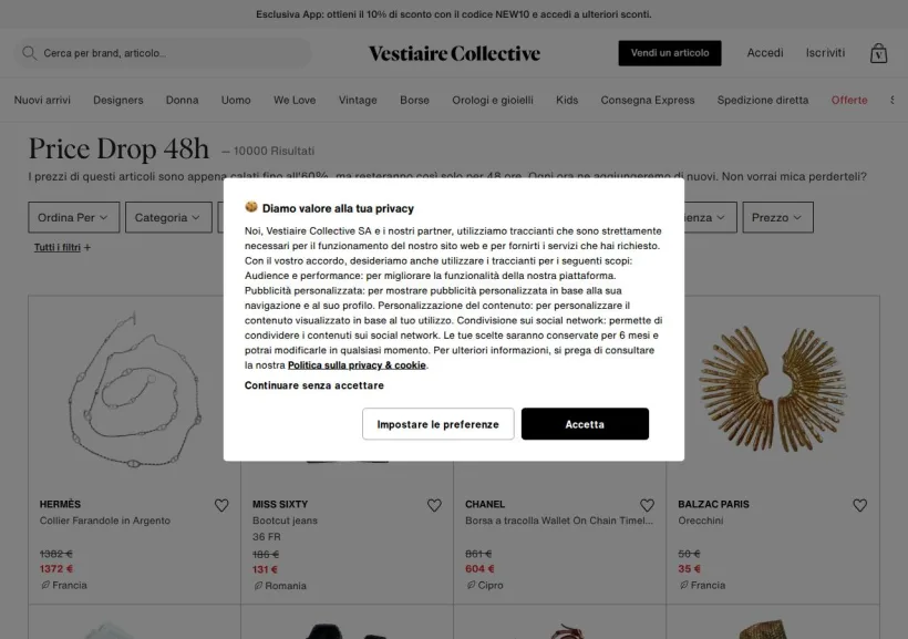 Schermata della pagina offerta di Vestiaire Collective