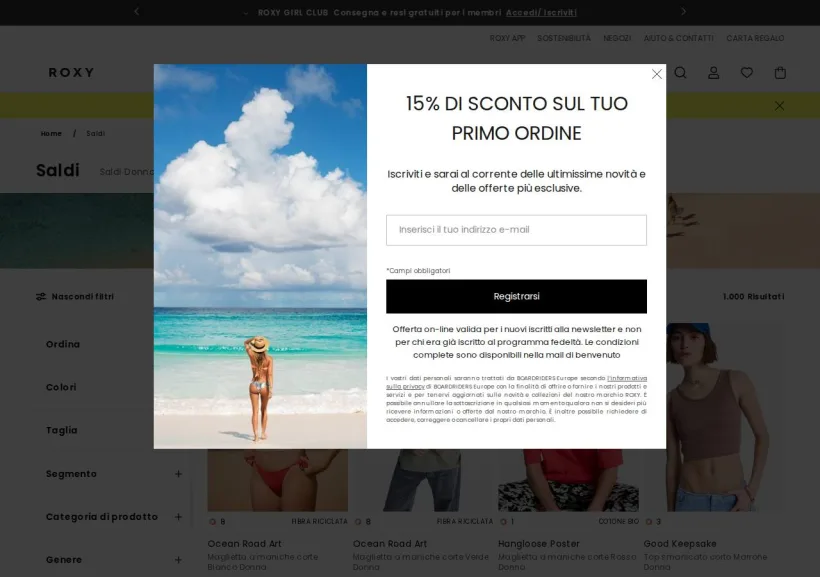 Schermata della pagina offerta di Roxy