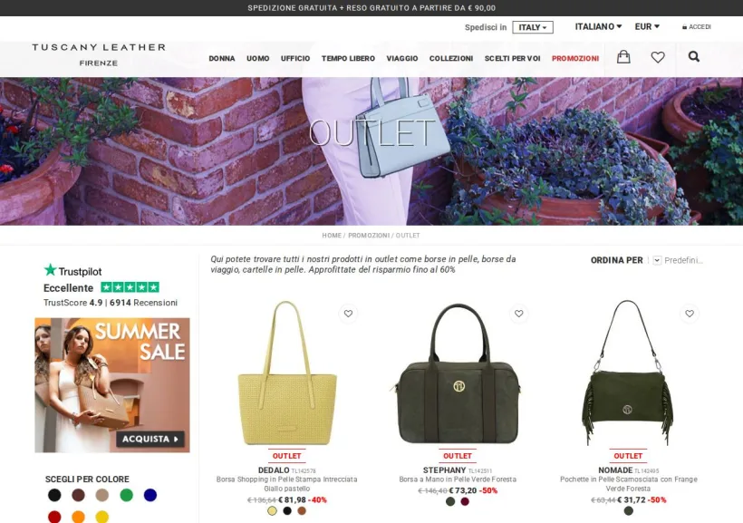Schermata della pagina offerta di Tuscany Leather