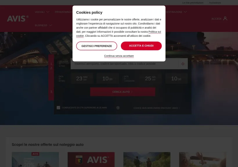 Schermata della pagina offerta di Avis