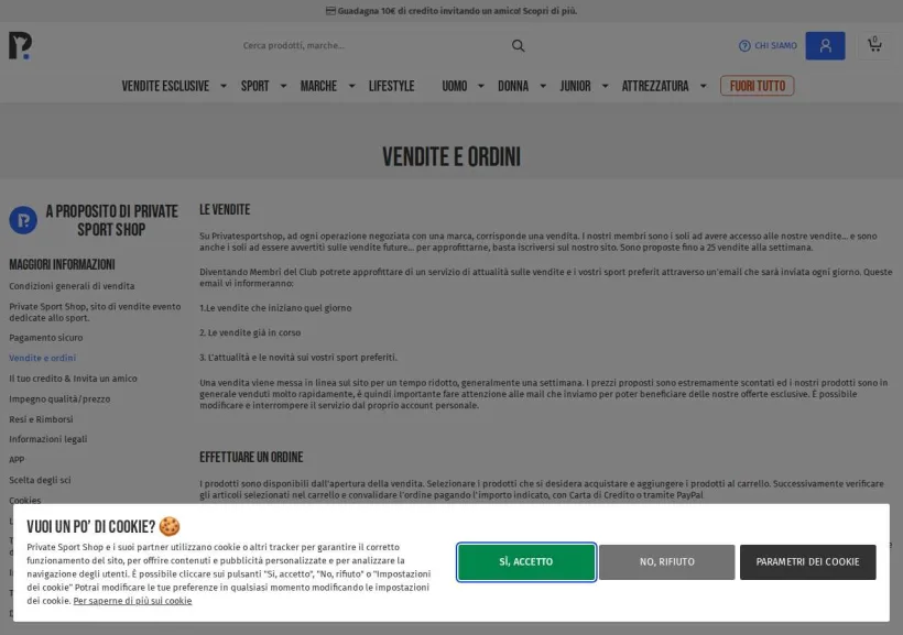 Schermata della pagina offerta di Private Sport Shop