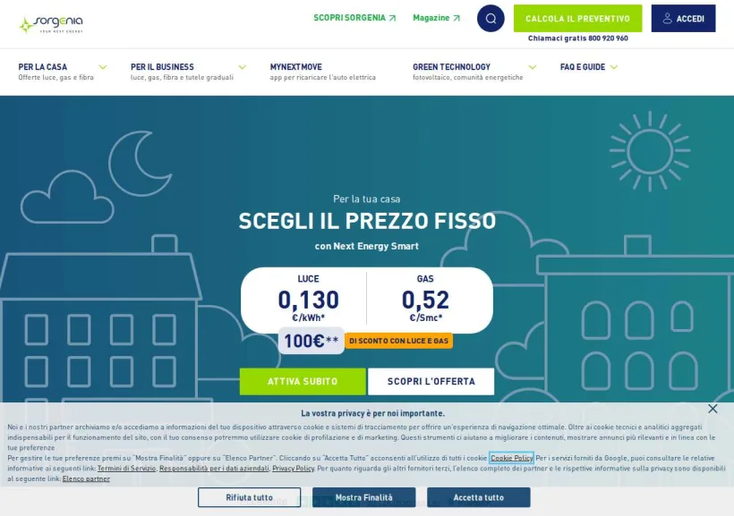 Schermata della pagina offerta di Sorgenia