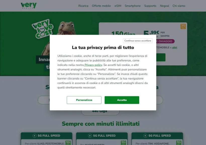 Schermata della pagina offerta di Very mobile
