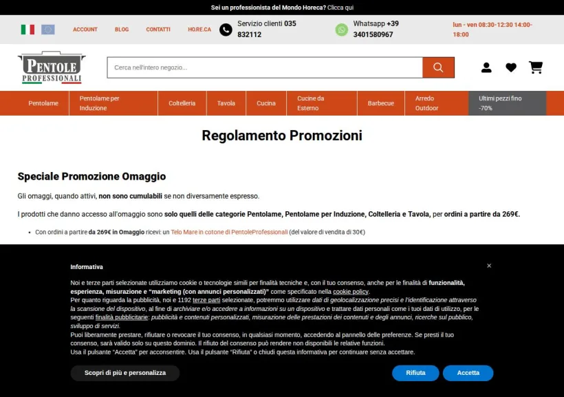 Schermata della pagina offerta di Pentole Professionali