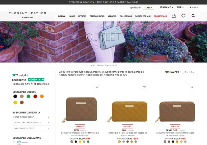 Schermata della pagina offerta di Tuscany Leather