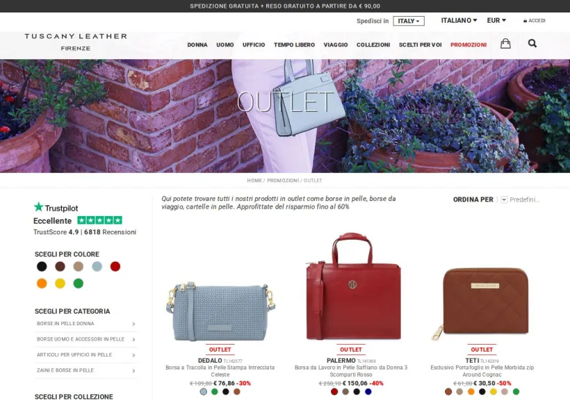 Schermata della pagina offerta di Tuscany Leather