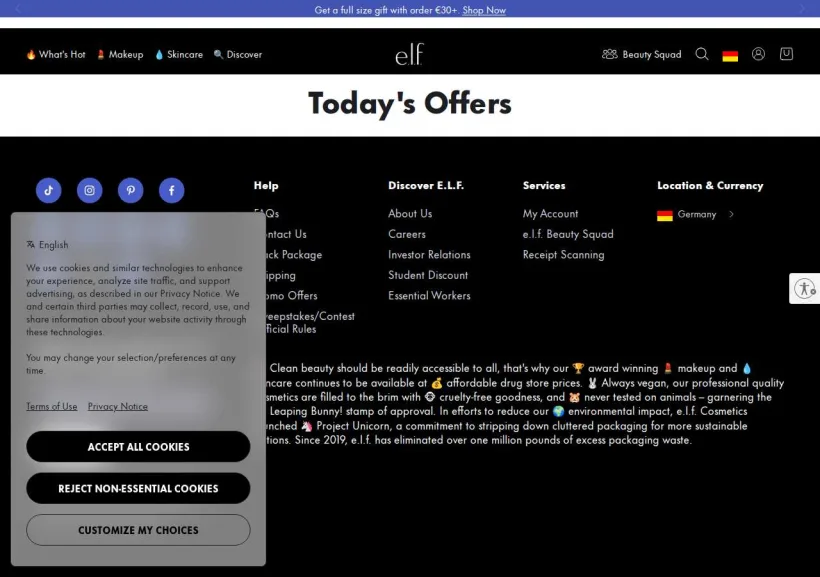 Schermata della pagina offerta di Eyes Lips Face ELF