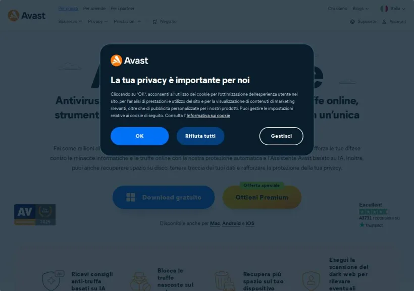 Schermata della pagina offerta di Avast