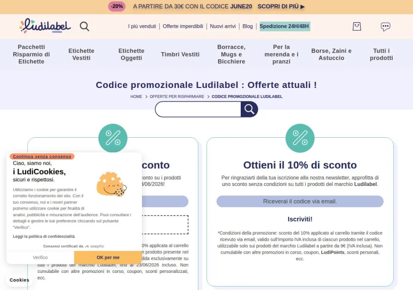 Schermata della pagina offerta di Ludilabel