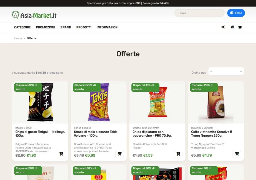Schermata della pagina offerta di Asia market