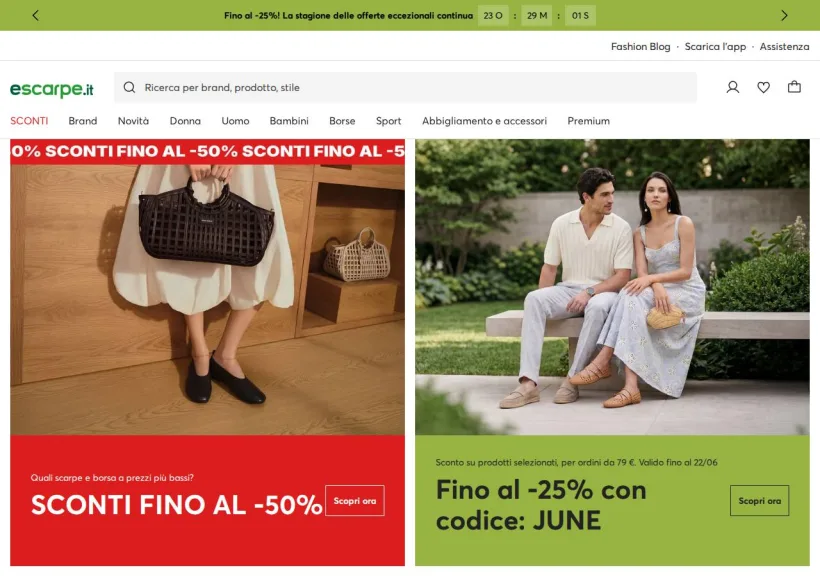 Schermata della pagina offerta di Escarpe.it