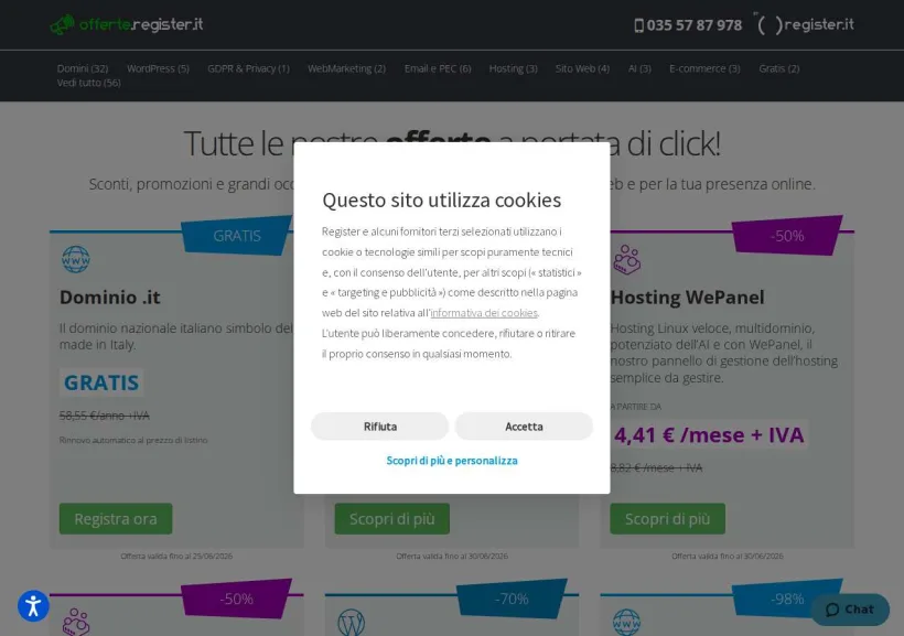 Schermata della pagina offerta di Register