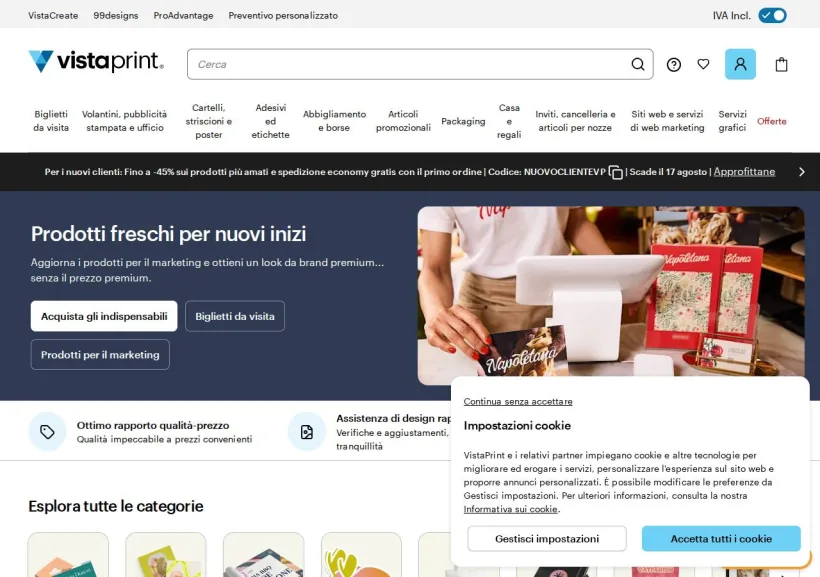 Schermata della pagina offerta di Vistaprint