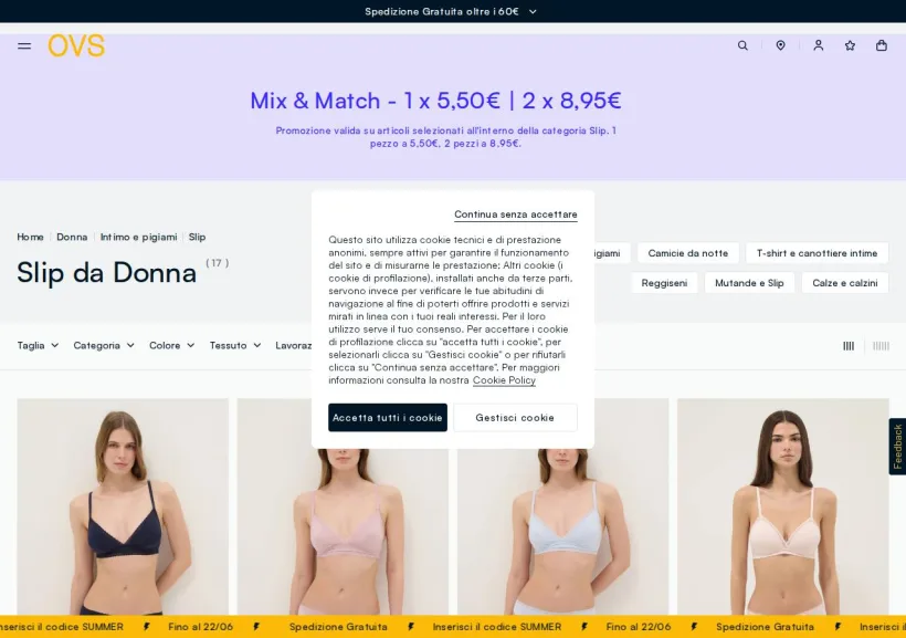 Schermata della pagina offerta di OVS