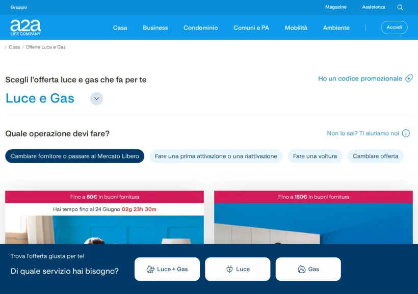 Schermata della pagina offerta di A2A Energia
