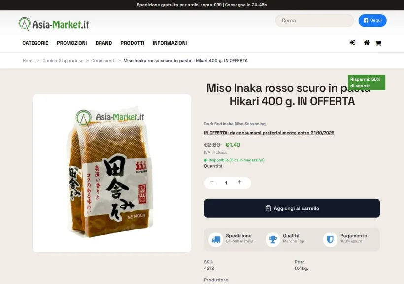Schermata della pagina offerta di Asia market