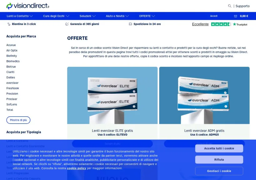 Schermata della pagina offerta di Vision Direct