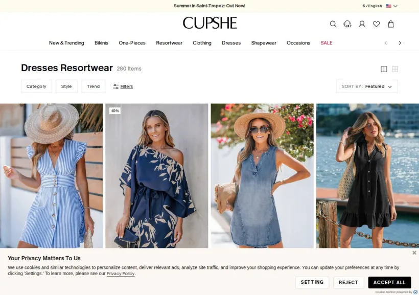 Schermata della pagina offerta di Cupshe