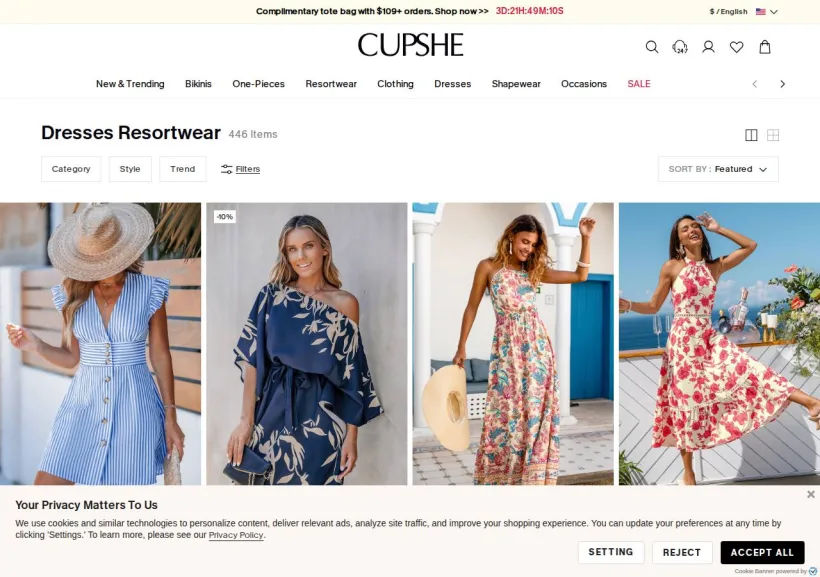 Schermata della pagina offerta di Cupshe