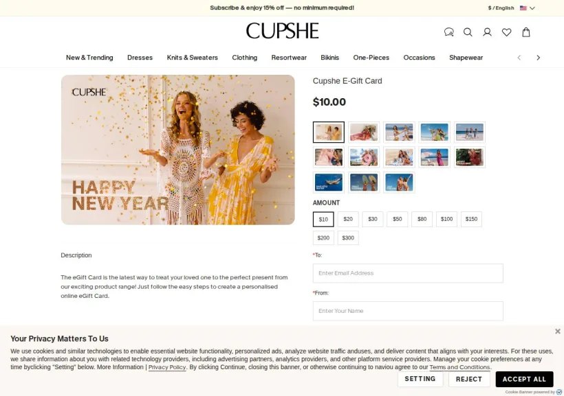 Schermata della pagina offerta di Cupshe