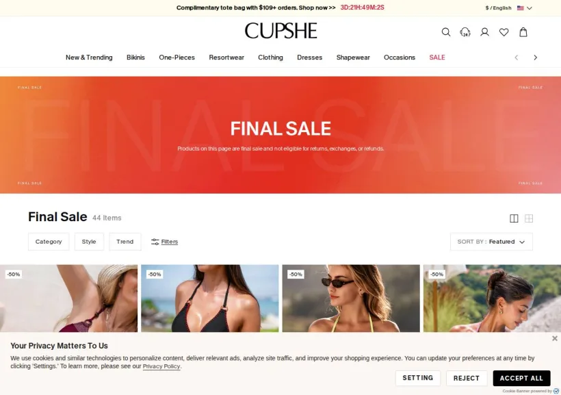 Schermata della pagina offerta di Cupshe