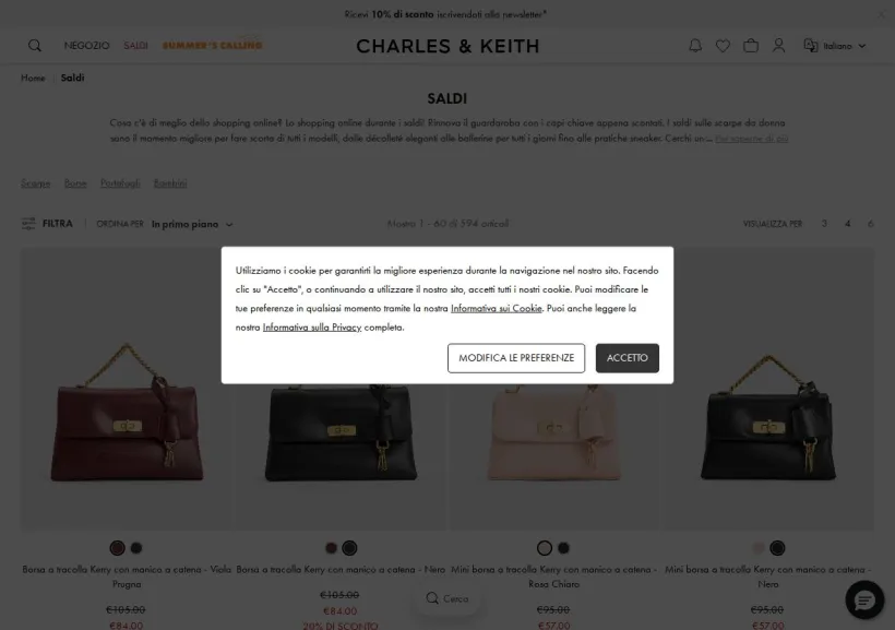 Schermata della pagina offerta di Charles & Keith