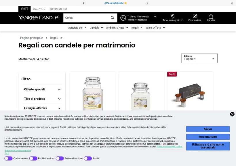 Schermata della pagina offerta di Yankee Candle