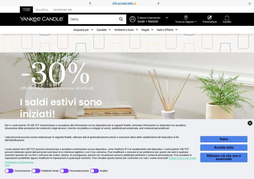 Schermata della pagina offerta di Yankee Candle