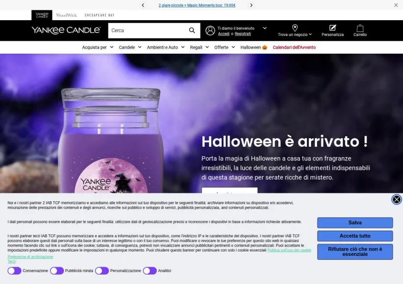 Schermata della pagina offerta di Yankee Candle