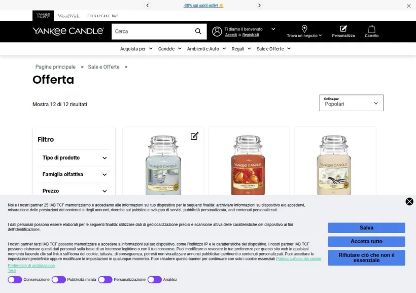 Schermata della pagina offerta di Yankee Candle