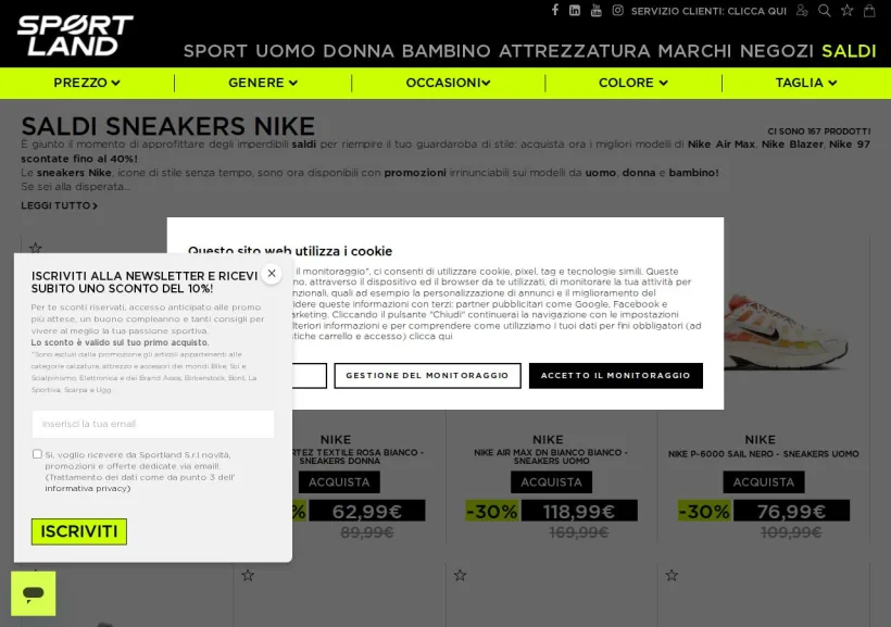 Schermata della pagina offerta di Sportland