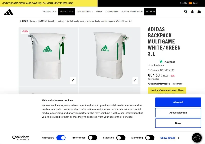 Schermata della pagina offerta di adidas Padel