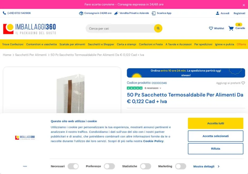 Schermata della pagina offerta di Imballaggi 360
