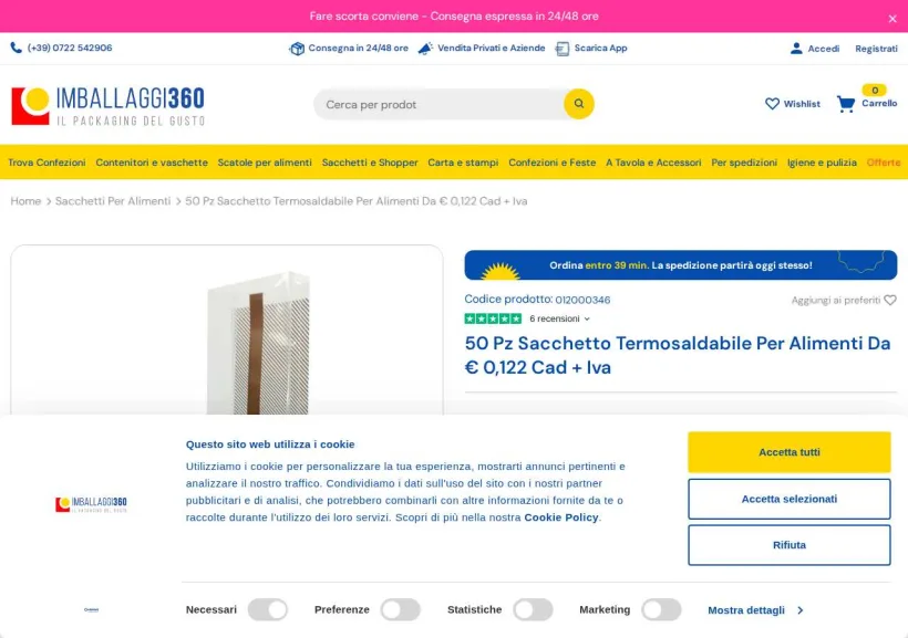Schermata della pagina offerta di Imballaggi 360