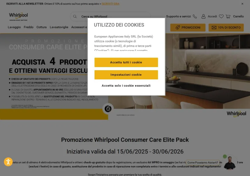 Schermata della pagina offerta di Whirlpool